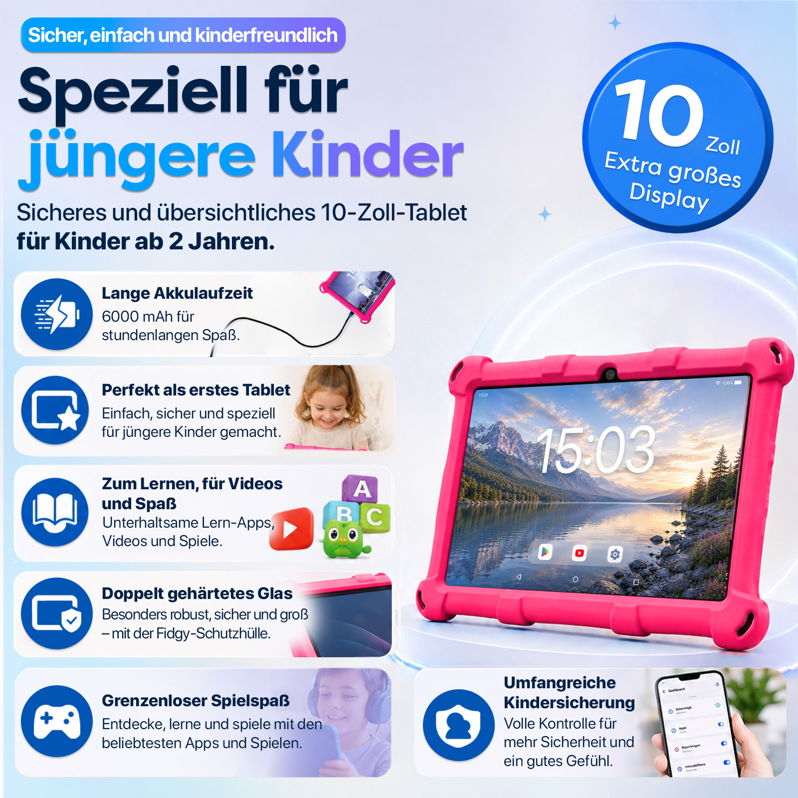 Pinkes 10-Zoll-Tablet für Kinder mit Funktionen wie Akkulaufzeit, robustem Glas und Kindersicherung.
