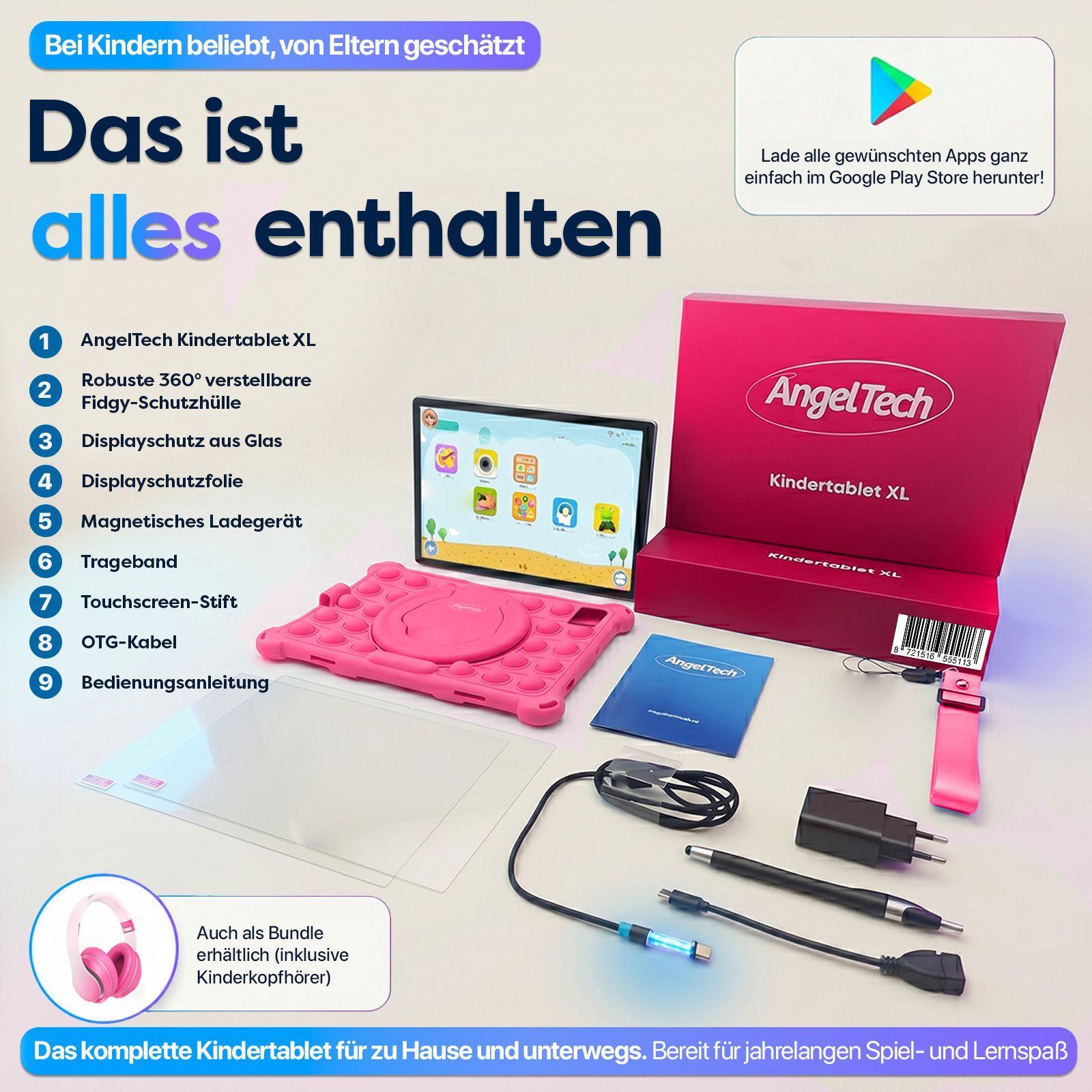 Das AngelTech Kindertablet XL Bundle mit Zubehör und Pinker Hülle.