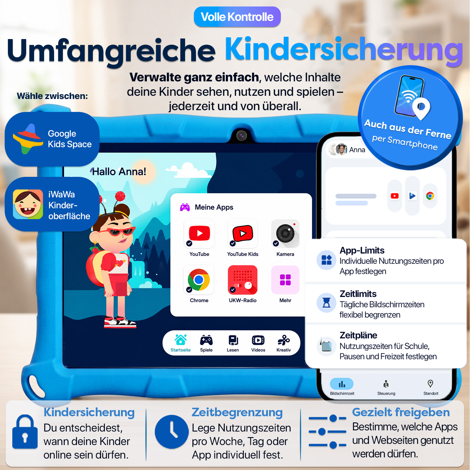 Tablet mit Kindersicherung, zeigt Apps, Einstellungen und ein Mädchen. Fernsteuerung möglich.