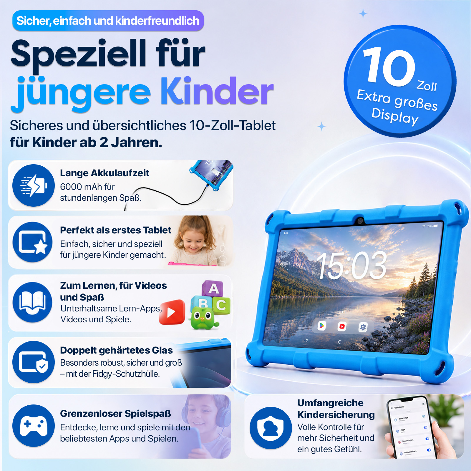 Ein blaues Kinder-Tablet mit 10-Zoll-Display, das für Kinder ab 2 Jahren geeignet ist.