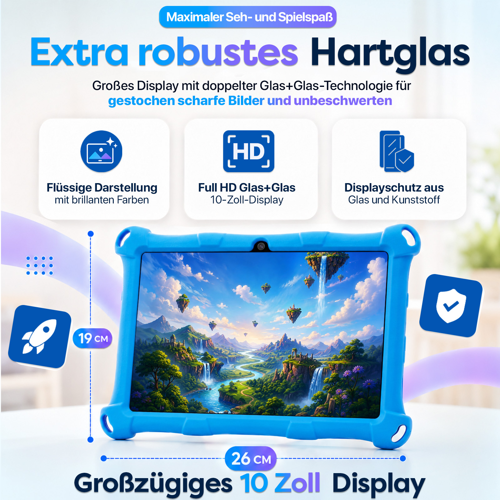 Ein blaues Tablet mit einem Fantasiebildschirm, das für seine Robustheit wirbt.