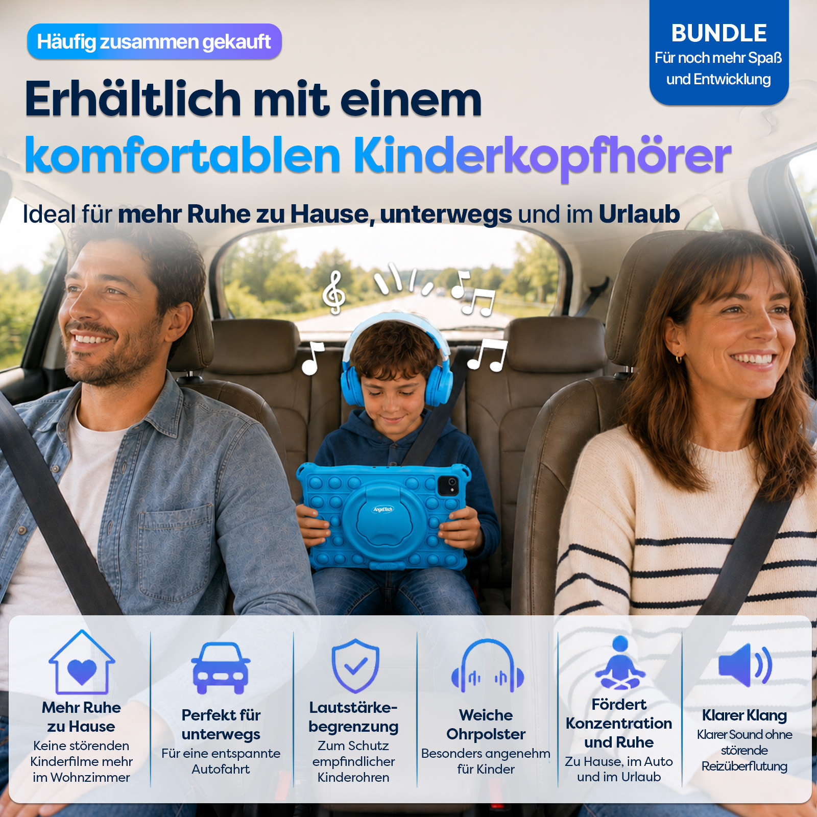 Familie im Auto mit Kopfhörern und Tablet. Ideal für Reisen.