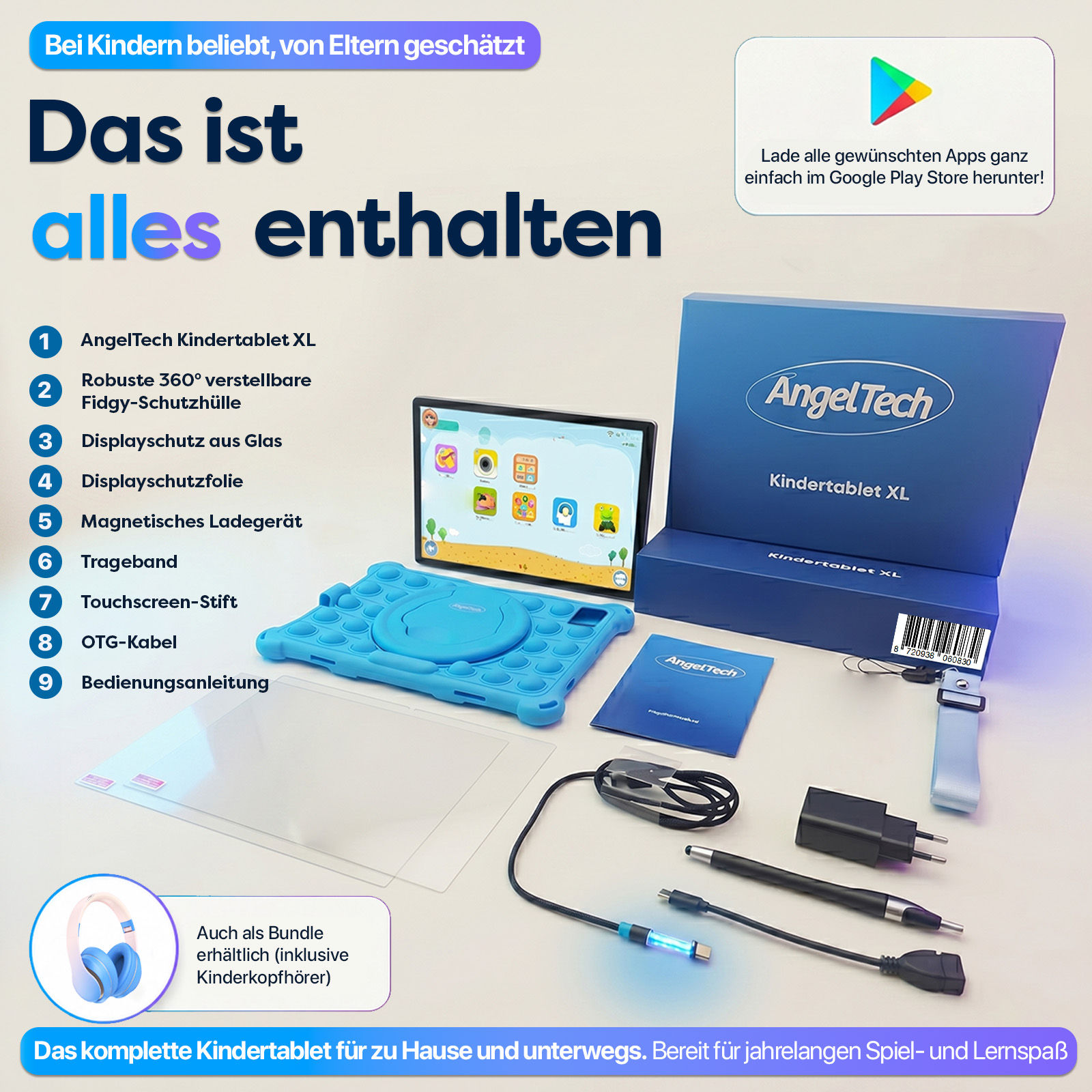 AngelTech Kindertablet XL Paketinhalt: Tablet, Hülle, Schutzfolien, Ladegerät, Stift, Kabel, Anleitung.