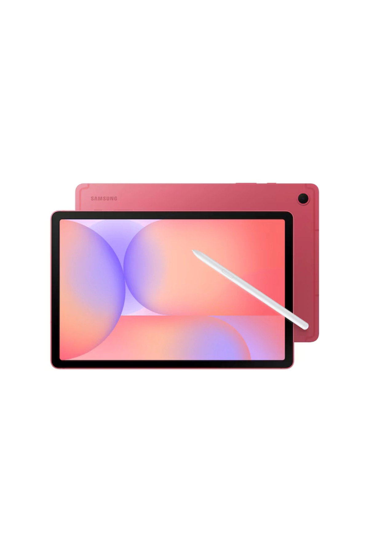 Beyaz arka plan üzerinde duran, kalemli pembe Samsung tablet.