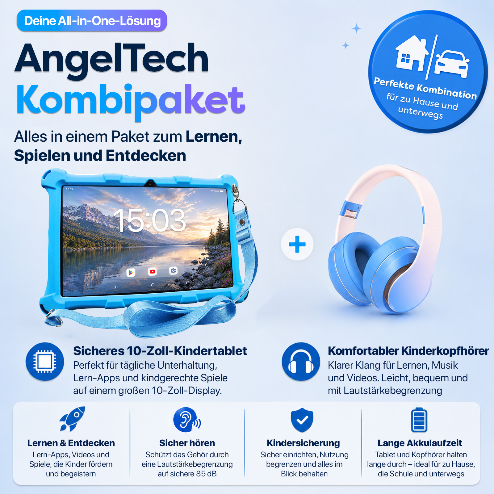 AngelTech Kombipaket: Tablet und Kopfhörer für Kinder. Ideal für Lernen und Unterhaltung.