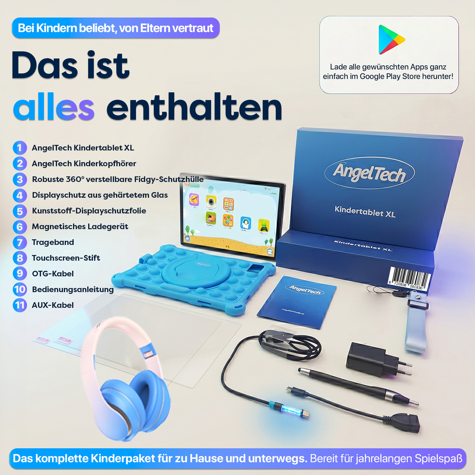 AngelTech Kindertablet XL mit Zubehör: Kopfhörer, Hülle, Stift, Kabel, Ladegerät.