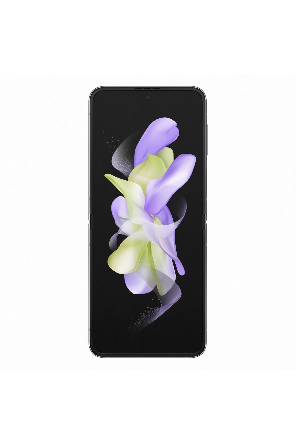 Ekranında soyut mor ve açık yeşil desen bulunan kapalı, katlanabilir bir akıllı telefon.