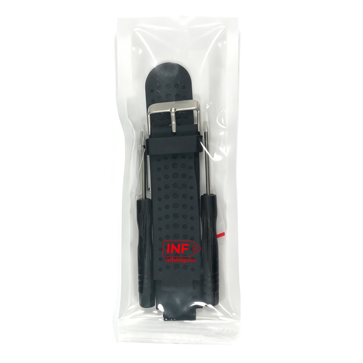 Schwarzes Uhrenarmband mit Dornschließe und Werkzeug in Plastikverpackung.