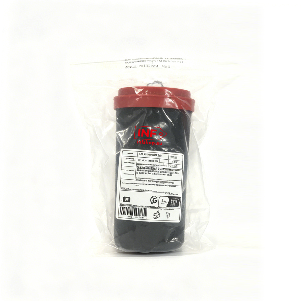 Un filtre noir avec un capuchon rouge, dans un sac en plastique, avec des étiquettes.