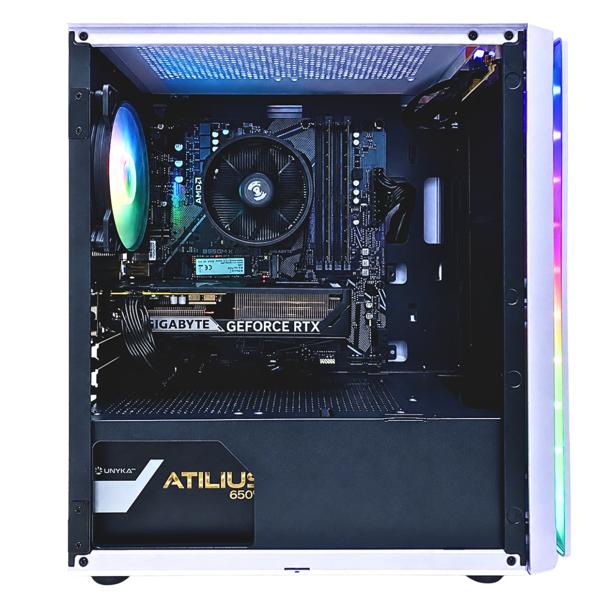 Case PC bianco con componenti interni: GPU, dissipatore CPU, RAM e PSU.