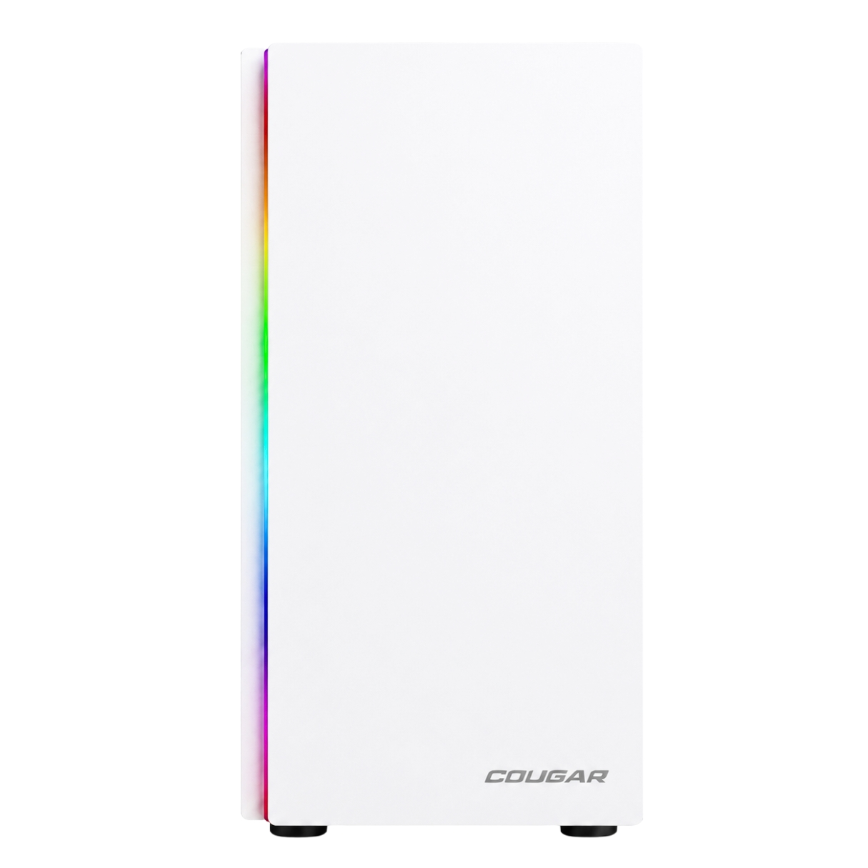 Un case PC bianco con striscia luminosa RGB a sinistra e logo Cougar in basso.