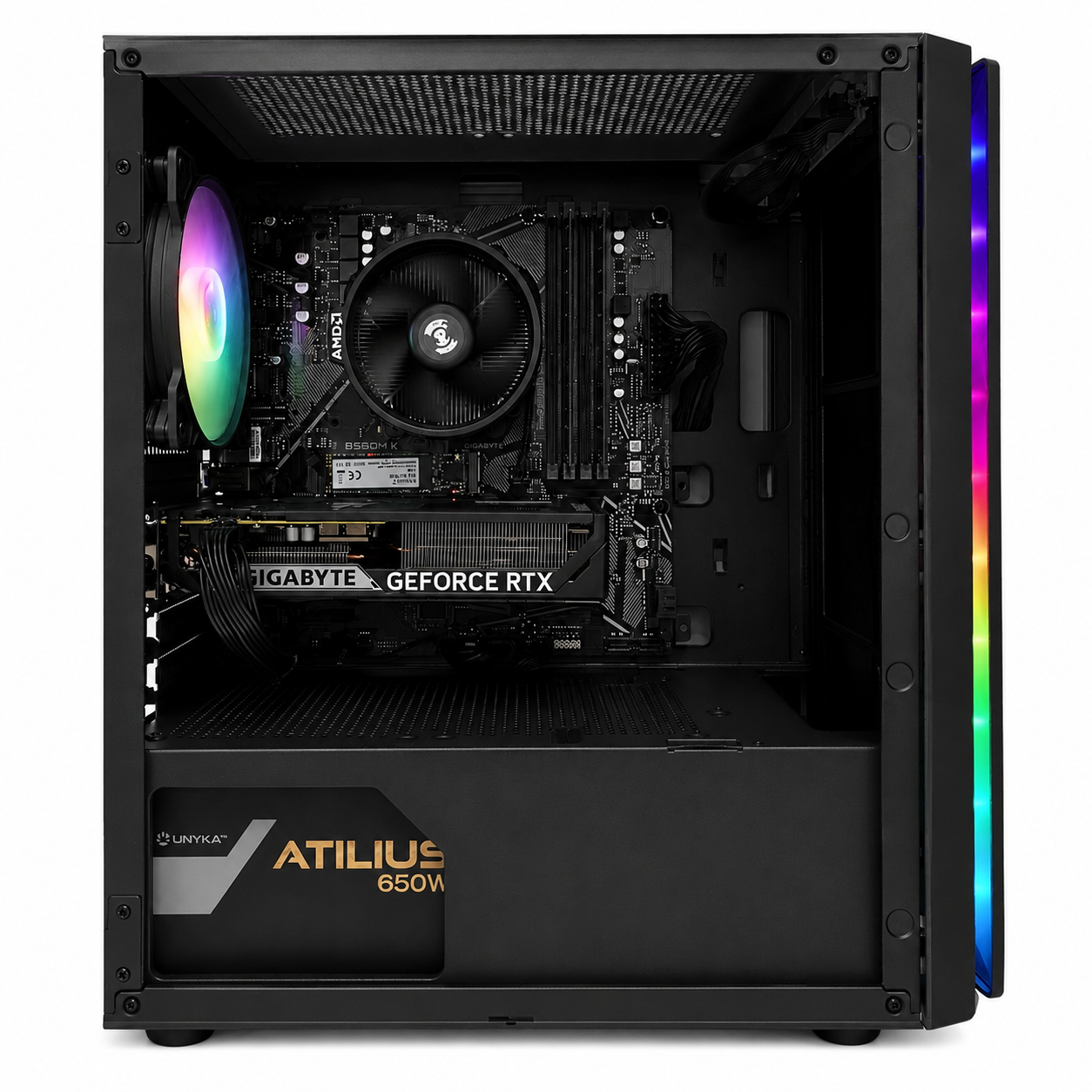 Case PC nero aperto con illuminazione RGB. Presenta GPU, ventola CPU e alimentatore.