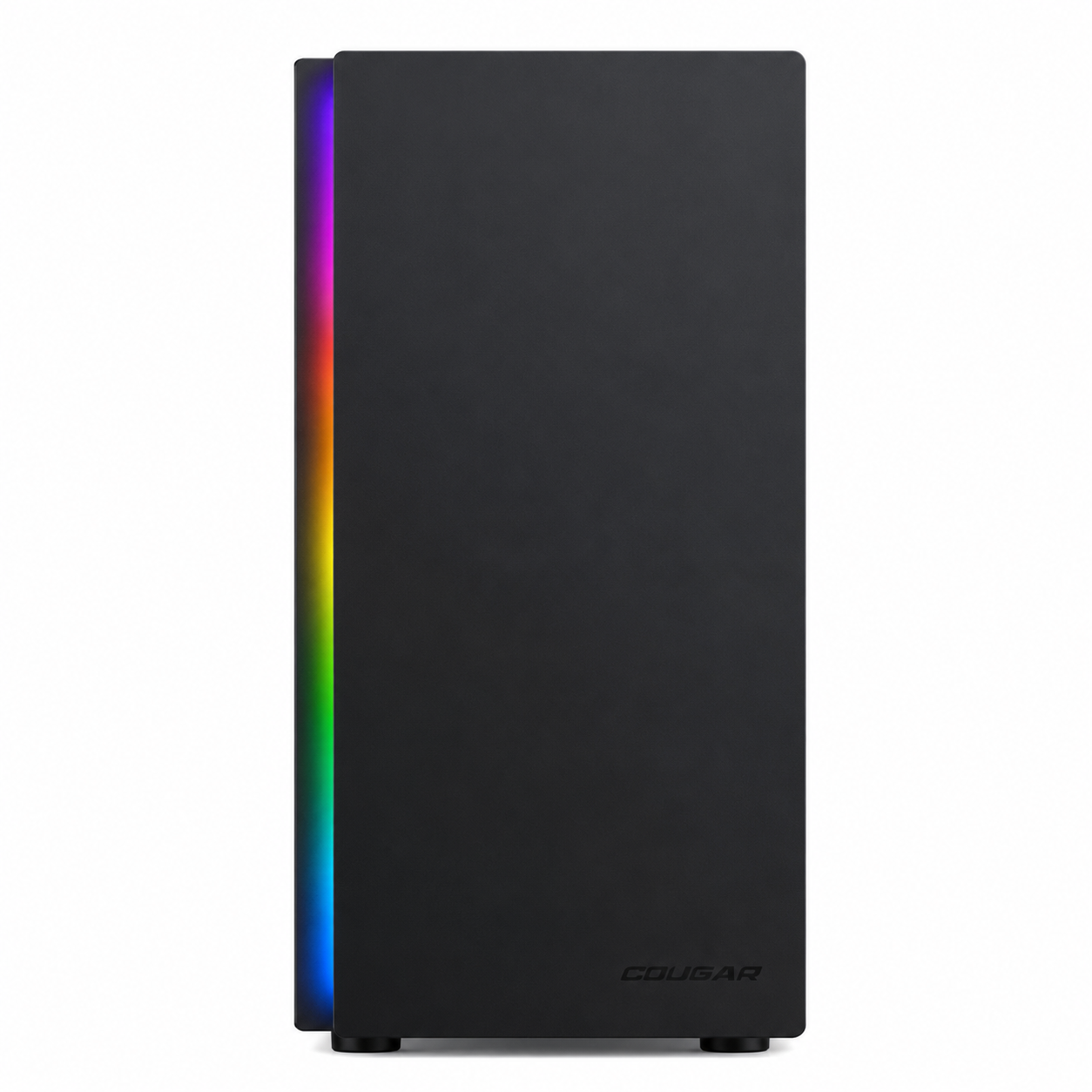 Tower del computer nero con illuminazione RGB sul lato sinistro e logo Cougar.