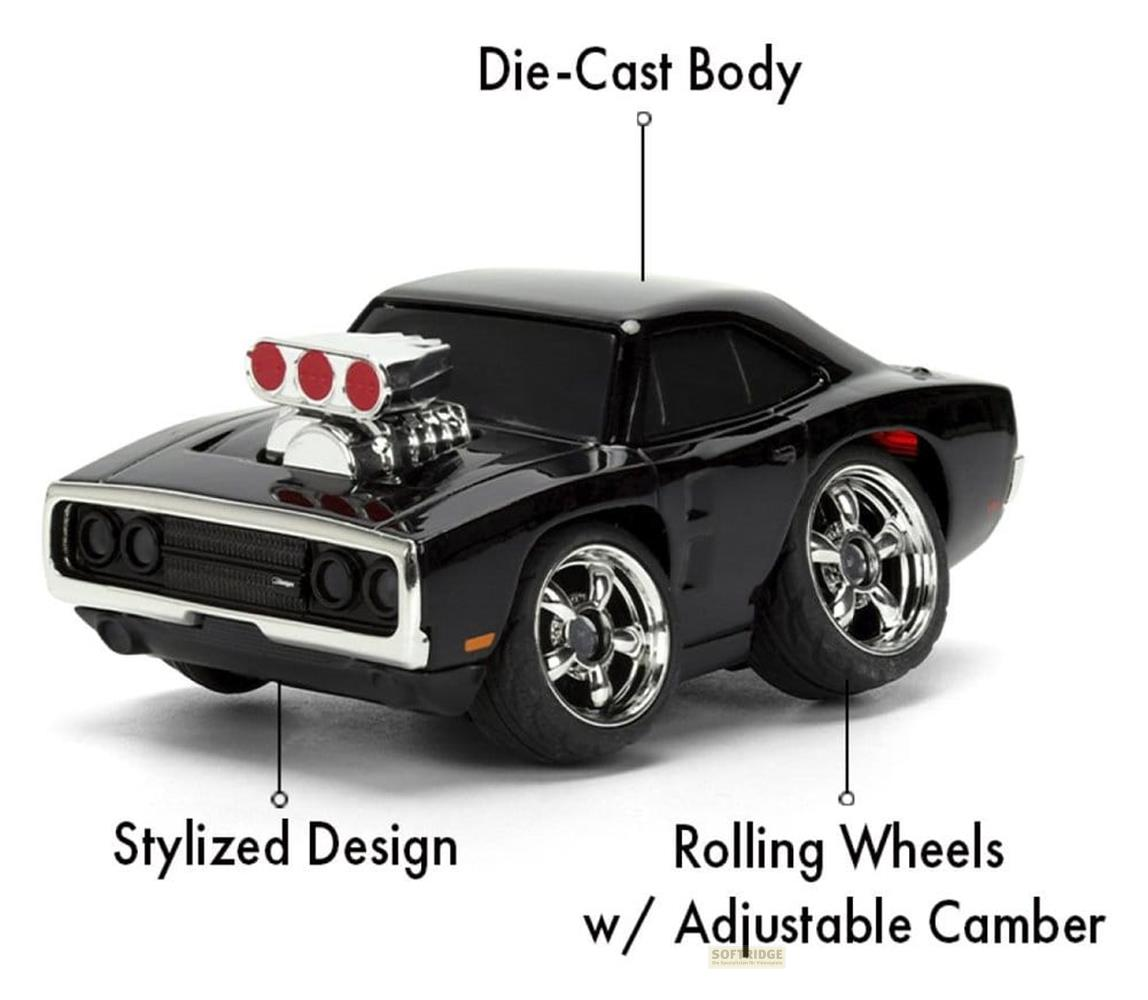 Schwarzes Spielzeugauto mit überdimensioniertem Motor und Chromfelgen.