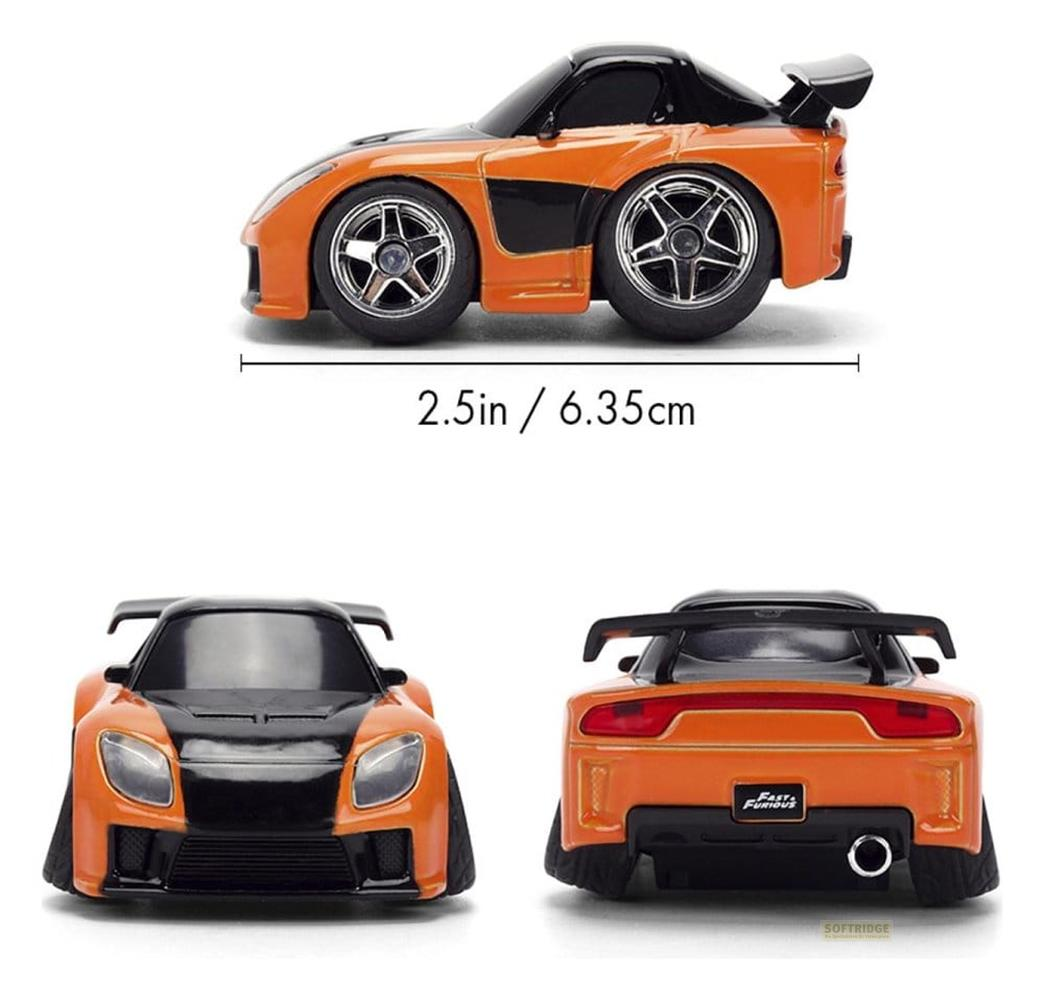 Orangefarbenes und schwarzes Spielzeugauto, Vorder-, Seiten- und Rückansicht. Größe 2,5 Zoll.