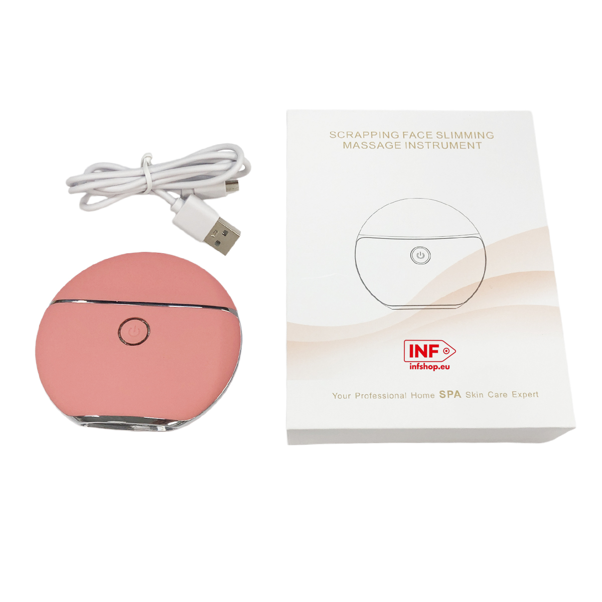Uno strumento massaggiante rosa e la sua scatola con testo.
