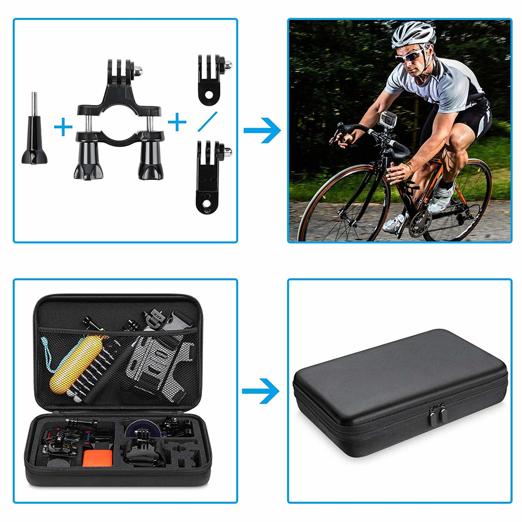 Fiets cameramontage accessoires en een open en gesloten opbergkoffer.