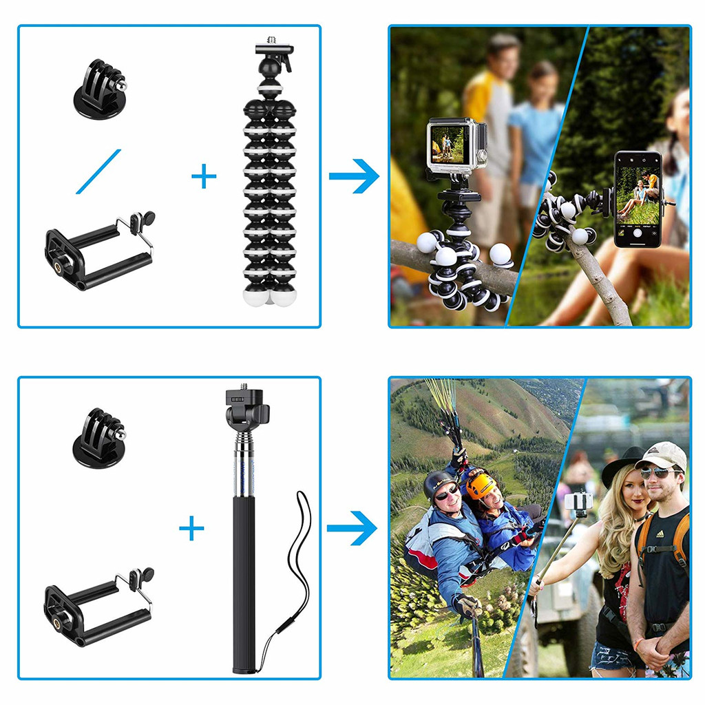 Flexibele Gorillapod en selfiestick met accessoires en toepassingen.