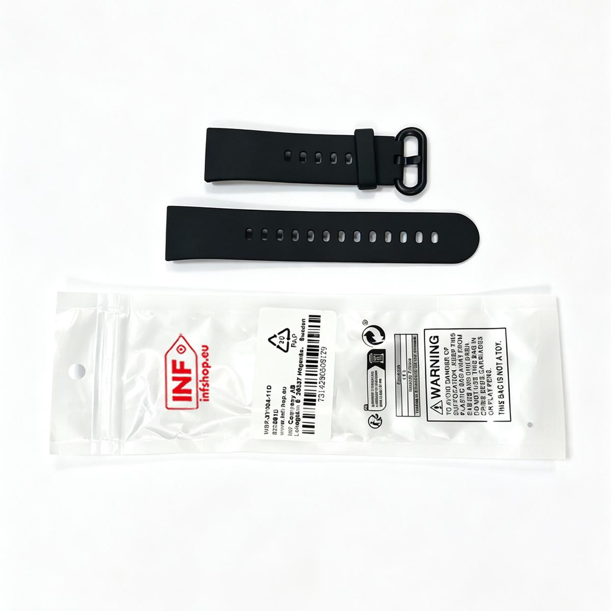 Zwei schwarze Uhrenarmbänder und eine Verpackung mit Warnhinweisen.
