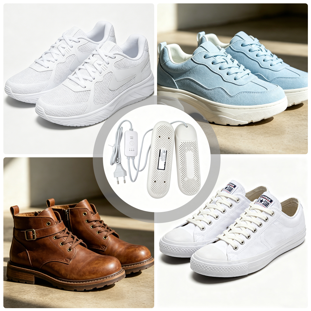 Quattro paia di scarpe e un asciugatore: sneakers bianche, sneakers blu, stivali marroni, scarpe di tela bianche.