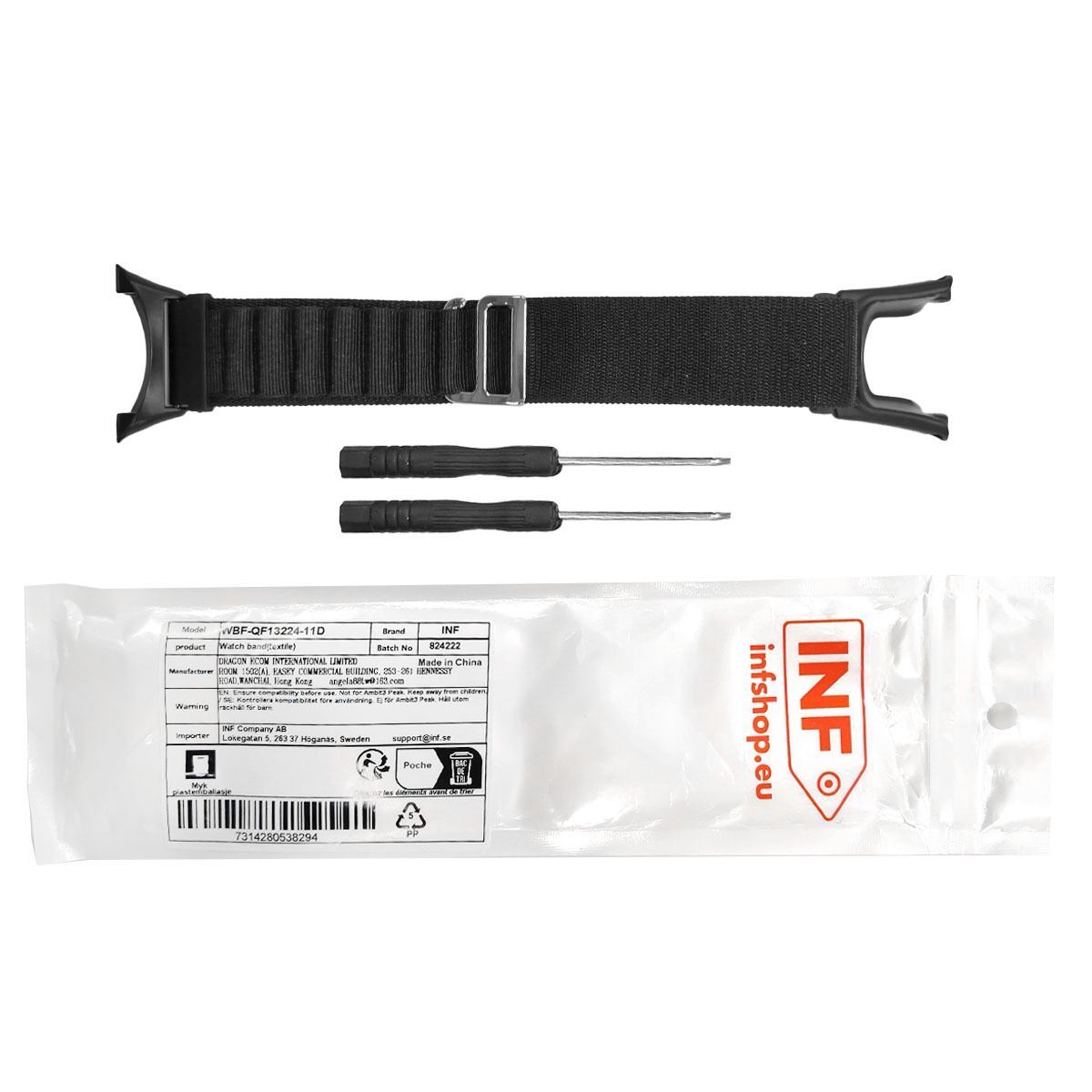 Schwarzes Textil-Uhrenarmband mit Werkzeugen und Verpackung.