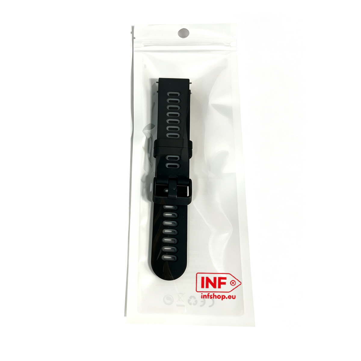 Cinturino nero in confezione di plastica con logo INF.
