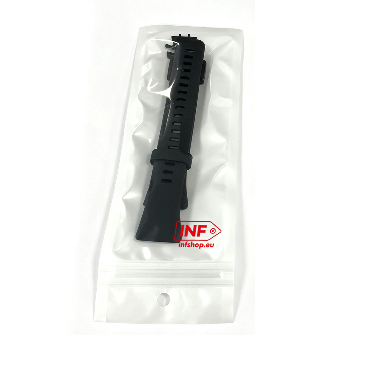 Cinturino nero in confezione di plastica trasparente con logo rosso e bianco.