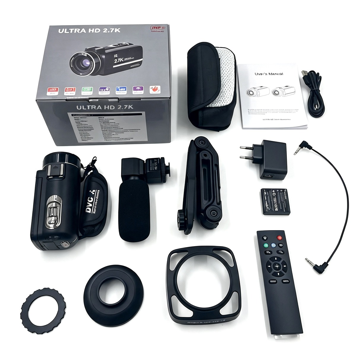 Kit videocamera: telecamera, microfono, treppiede, telecomando, batteria, caricabatterie, cavi e manuale.