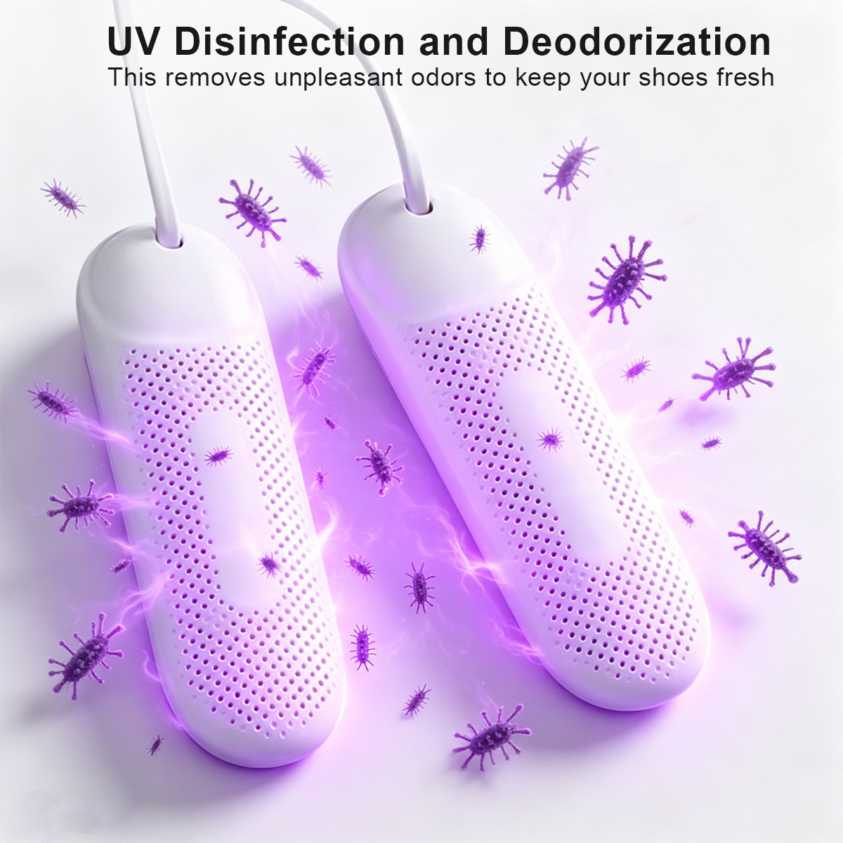 Due asciuga scarpe UV bianchi con luce viola, circondati da icone di virus.