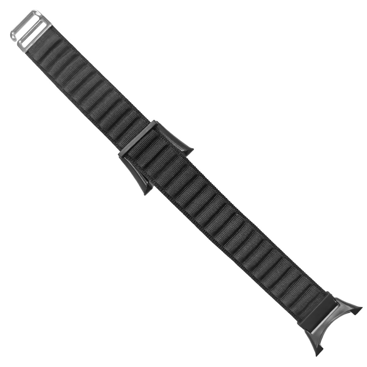 Schwarzes Gewehrriemen mit Patronenschlaufen und Metallschnalle.