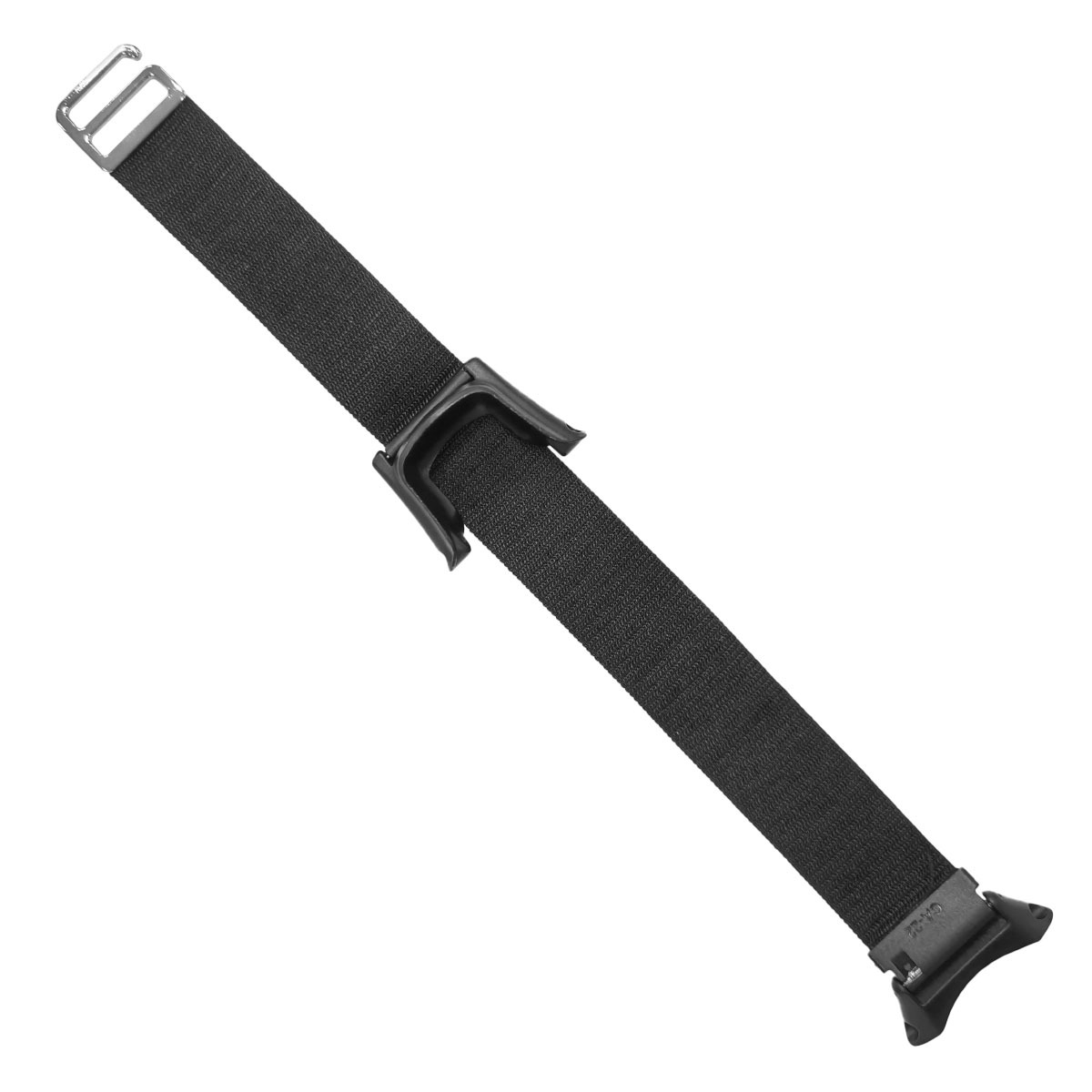 Schwarzes Gurtband mit silberner Schlaufe und schwarzem Clip.