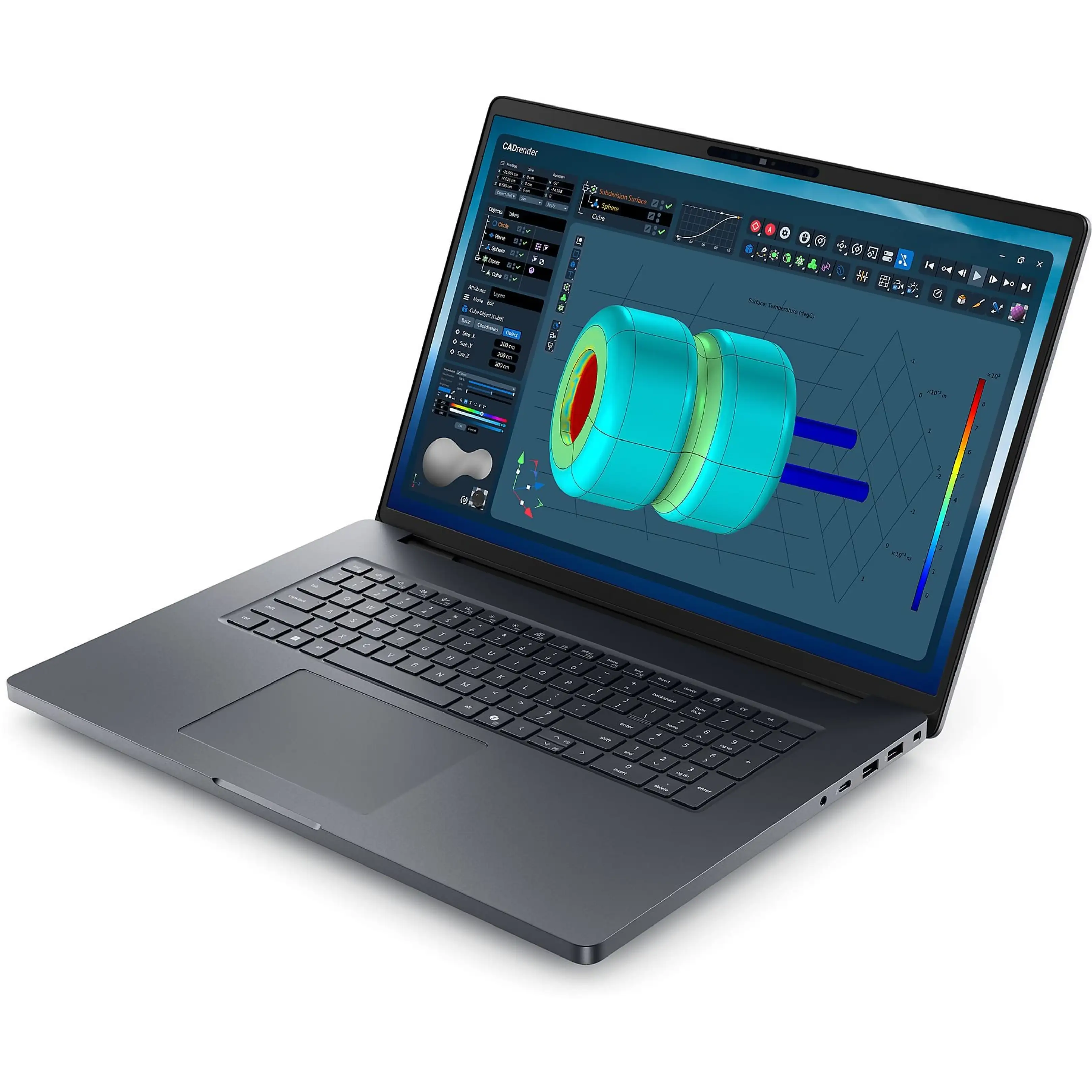 Un laptop grigio mostra software CAD 3D con un modello di nucleo di reattore nucleare.