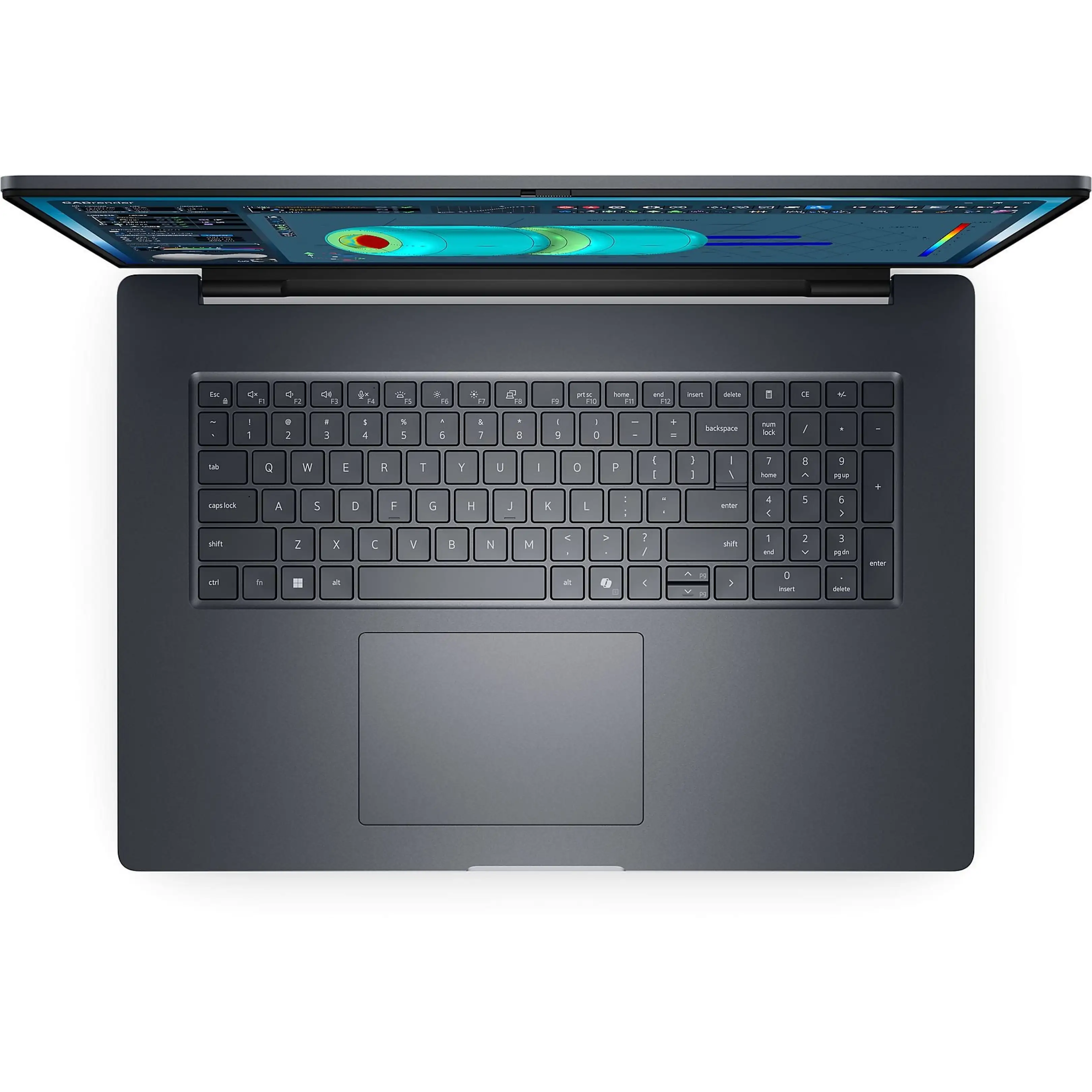 Un laptop aperto che mostra la tastiera e uno schermo con grafici e diagrammi.