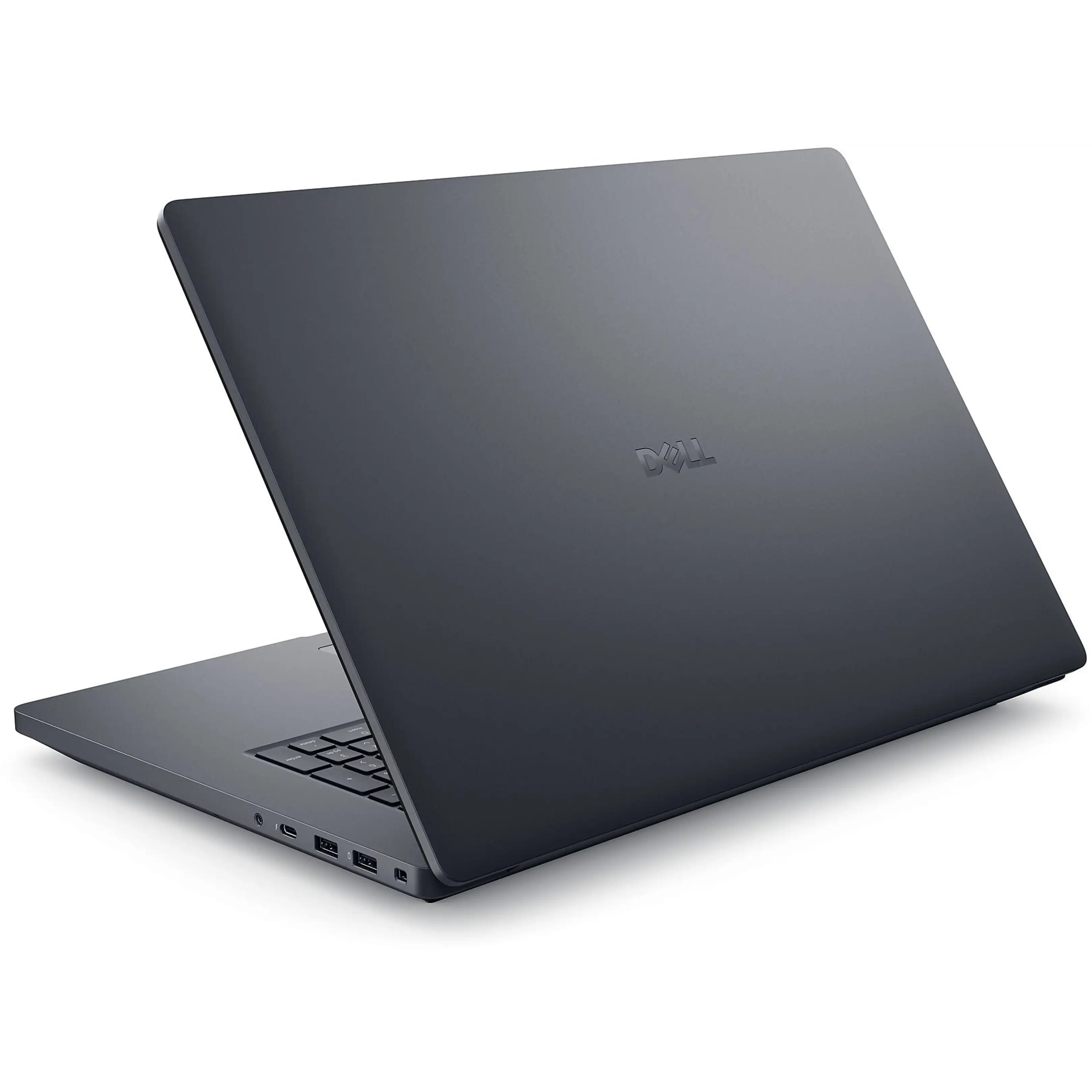 Laptop Dell grigio scuro, parzialmente aperto, con tastiera e porte visibili.