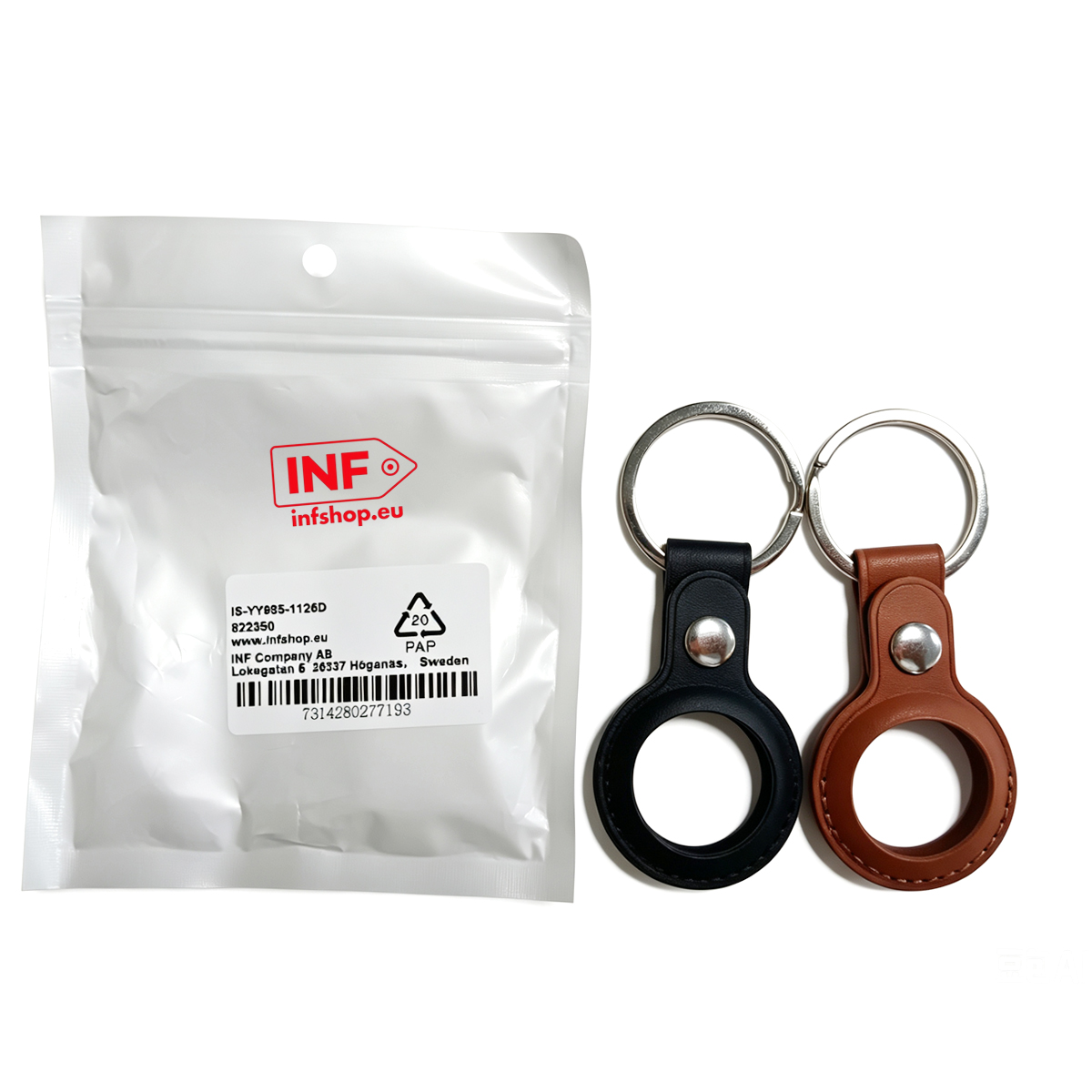 Eine Packung und zwei Schlüsselanhänger-Halterungen in Schwarz und Braun.