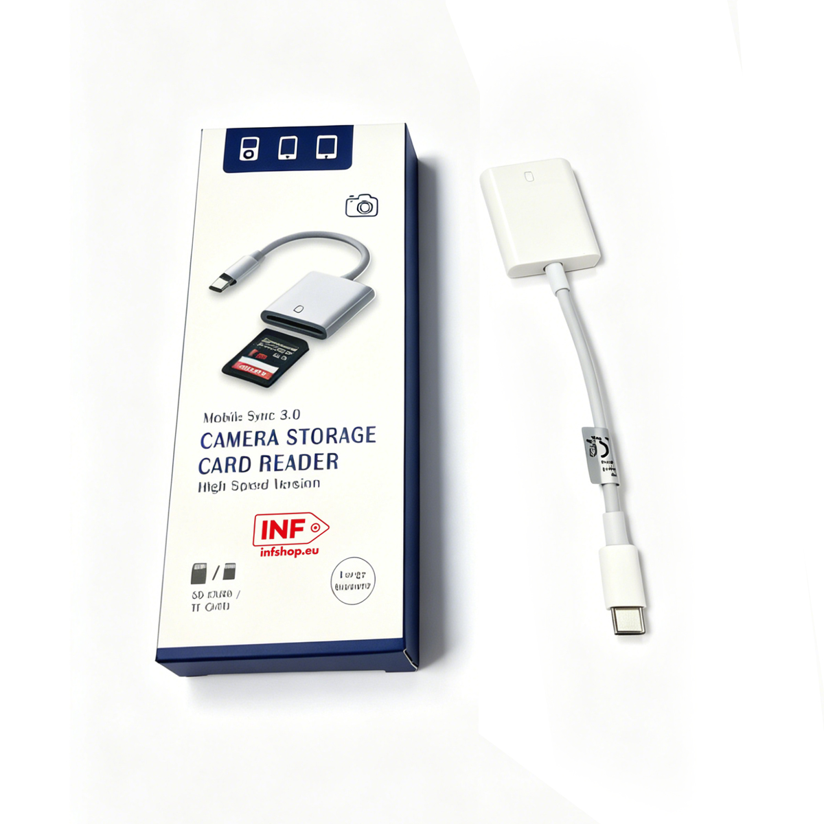 Lettore di schede per fotocamera bianco con cavo USB-C e scheda SD. La scatola mostra illust.