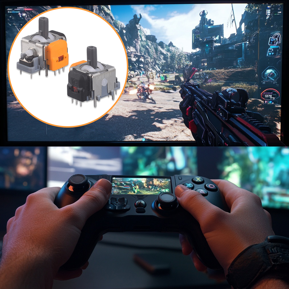 Ein Spieler hält einen Controller. Oben sind Joysticks und ein Videospiel zu sehen.