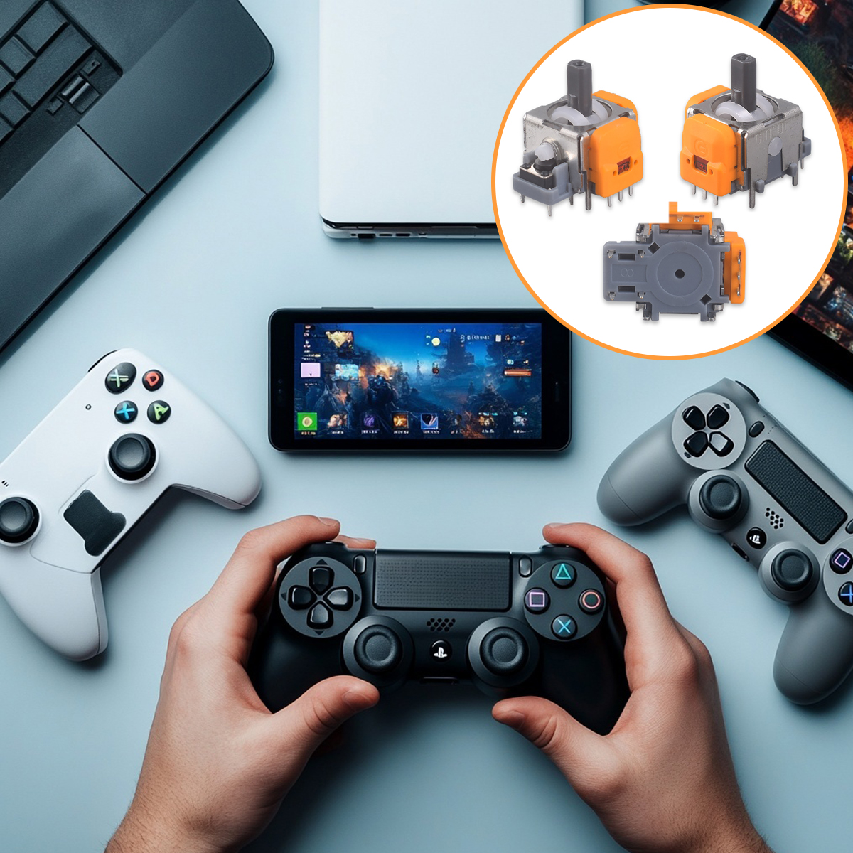 Ein Spieler hält einen schwarzen Controller, daneben liegen ein weißer und ein grauer Controller.