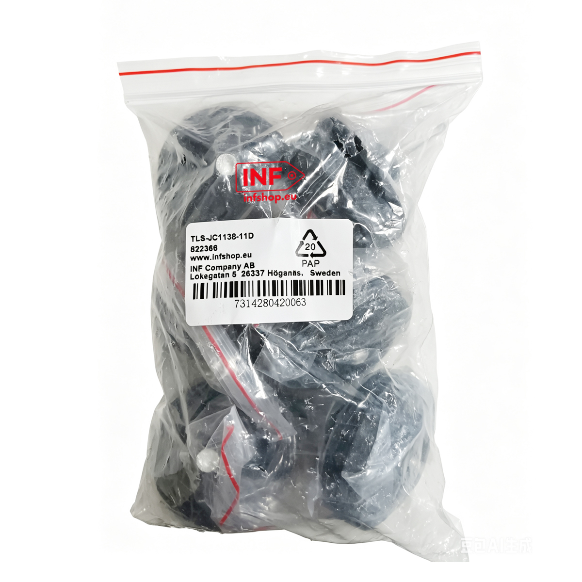 Verpackung mit schwarzen Teilen, Etikett mit INF und Adressdaten.