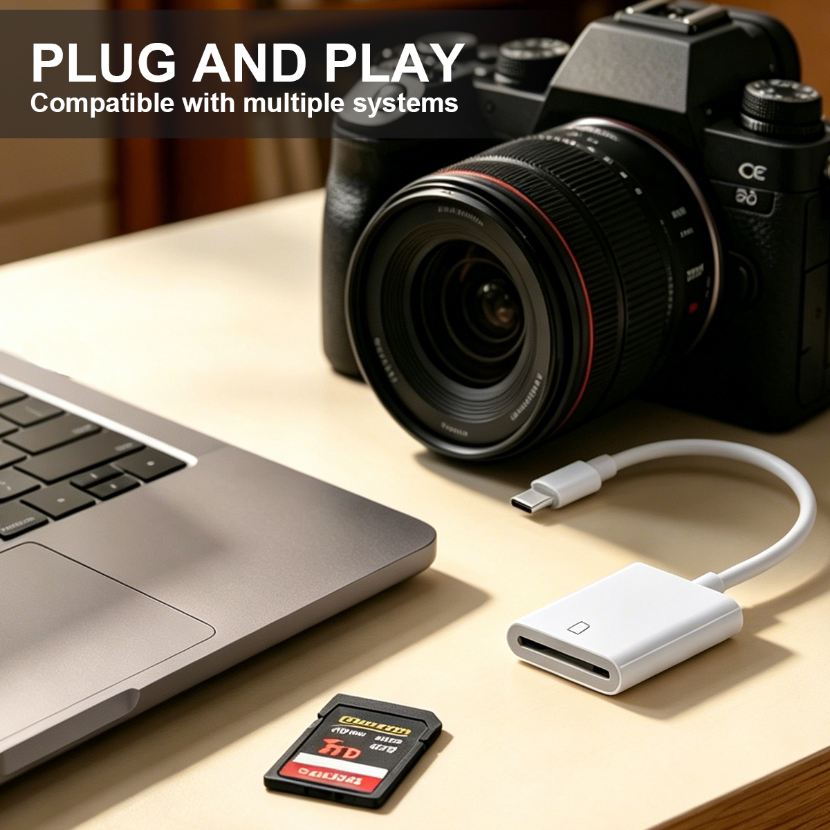 Una fotocamera nera, un laptop, una scheda SD e un lettore di schede USB-C bianco sono su una scrivania.