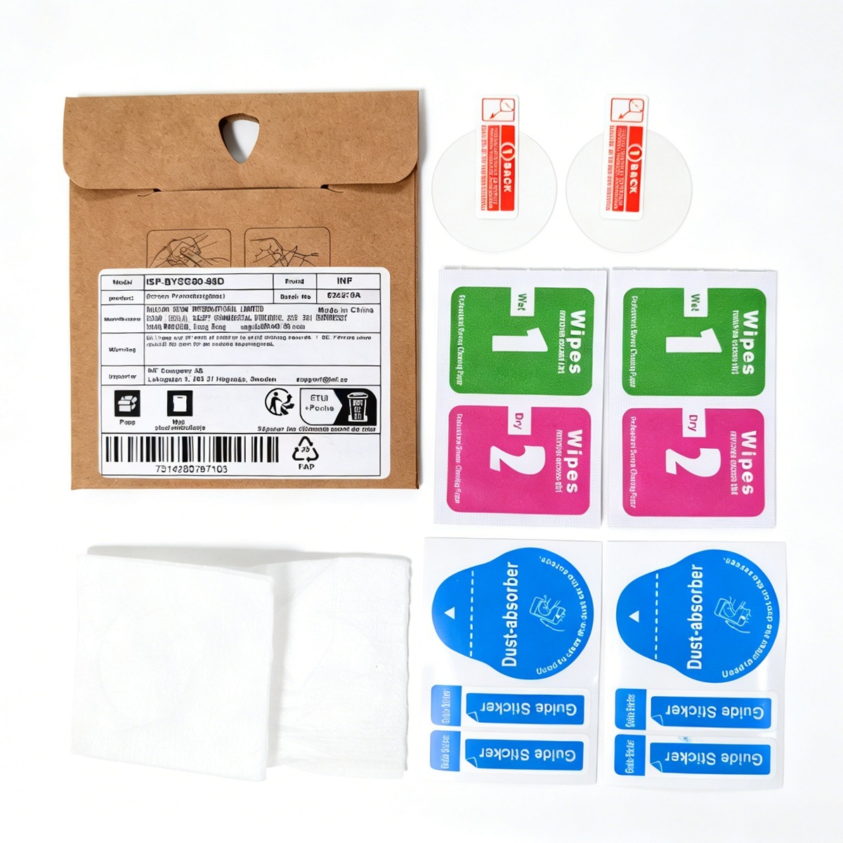 Un set di protezioni per schermo e salviette detergenti per smartphone.