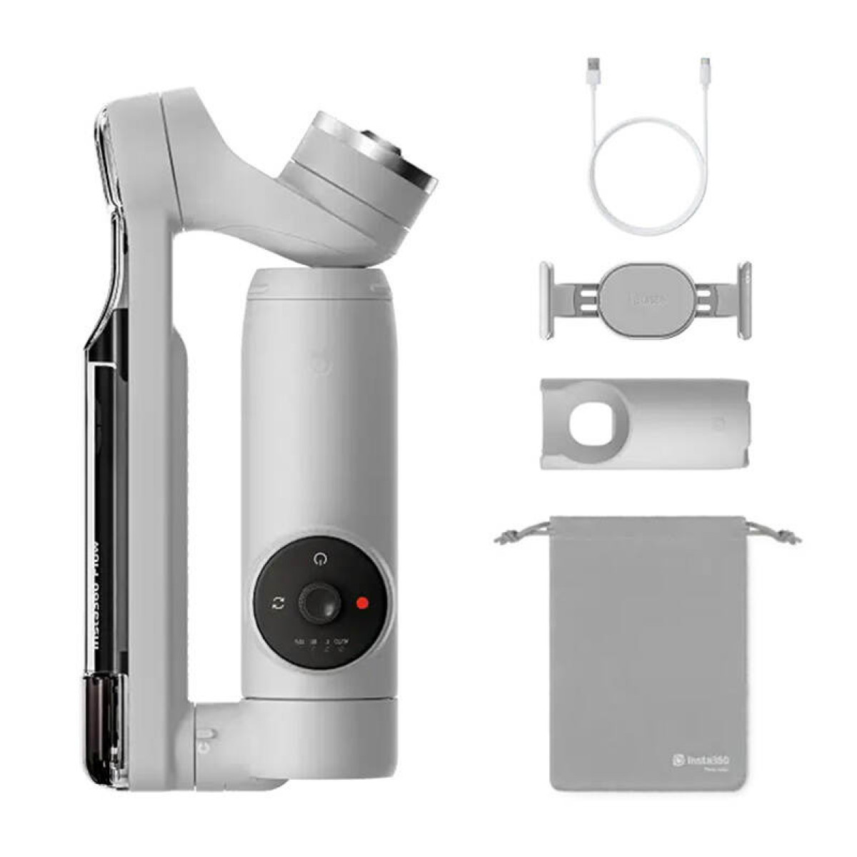Gimbal bianco con accessori: cavo di ricarica, supporto telefono, custodia.