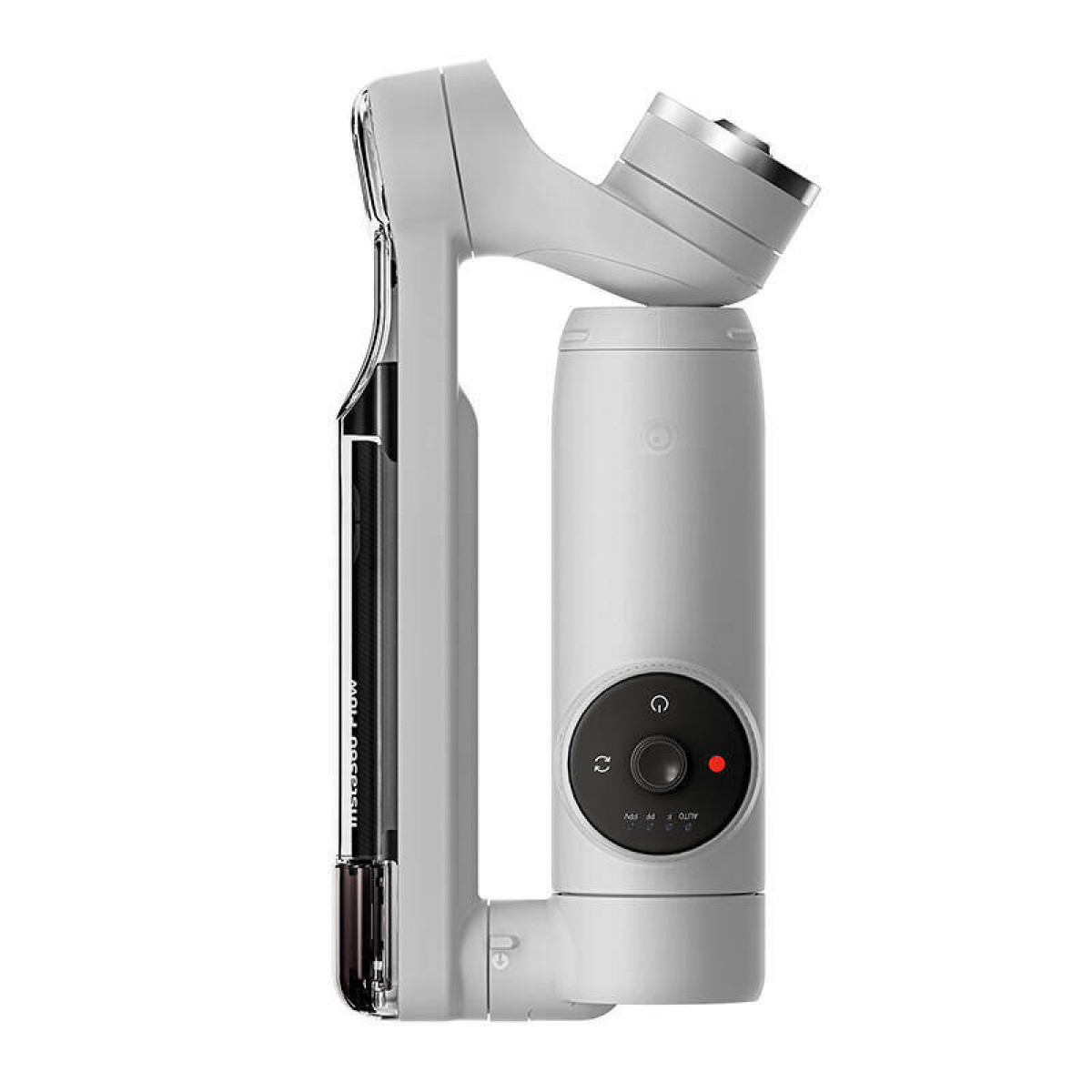 Un gimbal per fotocamera bianco con pannello di controllo nero e spia rossa.