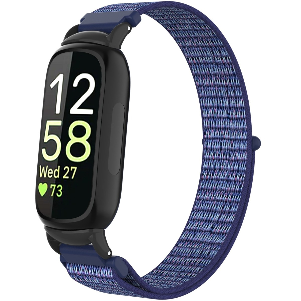 Uno smartwatch nero con cinturino in tessuto blu e display digitale.