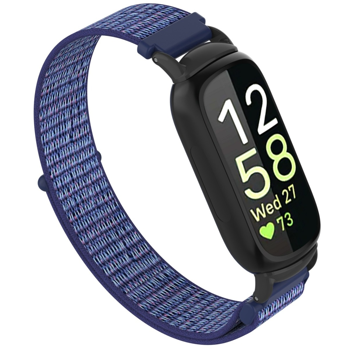 Uno smartwatch nero con cinturino in tessuto blu mostra ora, data e battito cardiaco.