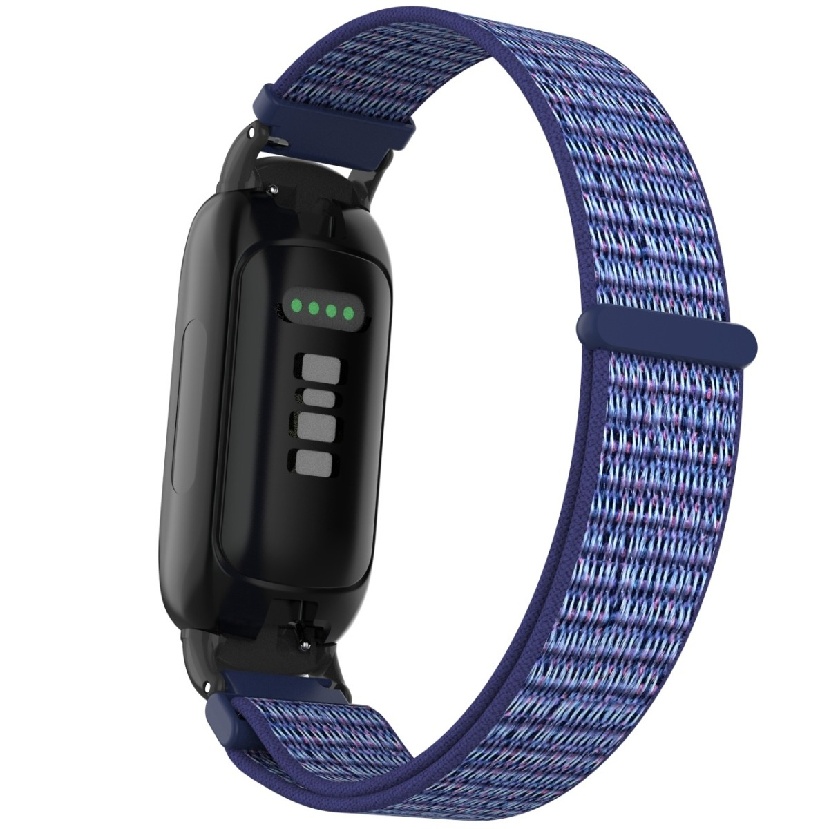 Fitness tracker nero con cinturino in tessuto blu e viola.