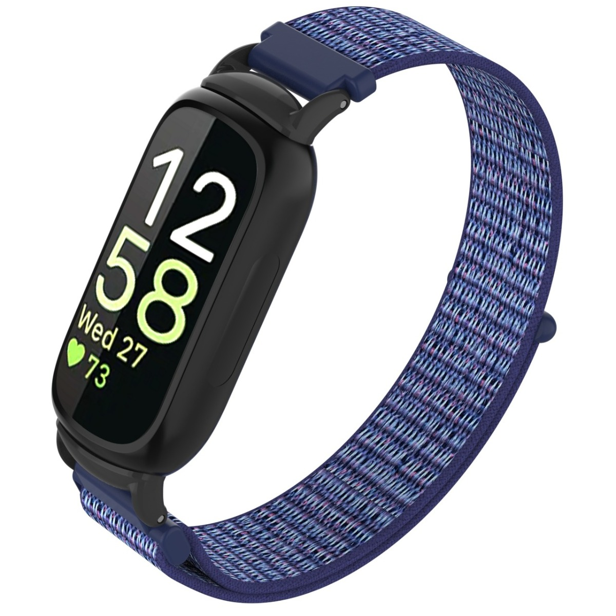 Fitness tracker nero con cinturino in tessuto blu-viola, mostra 12:58, Mer 27, 73.