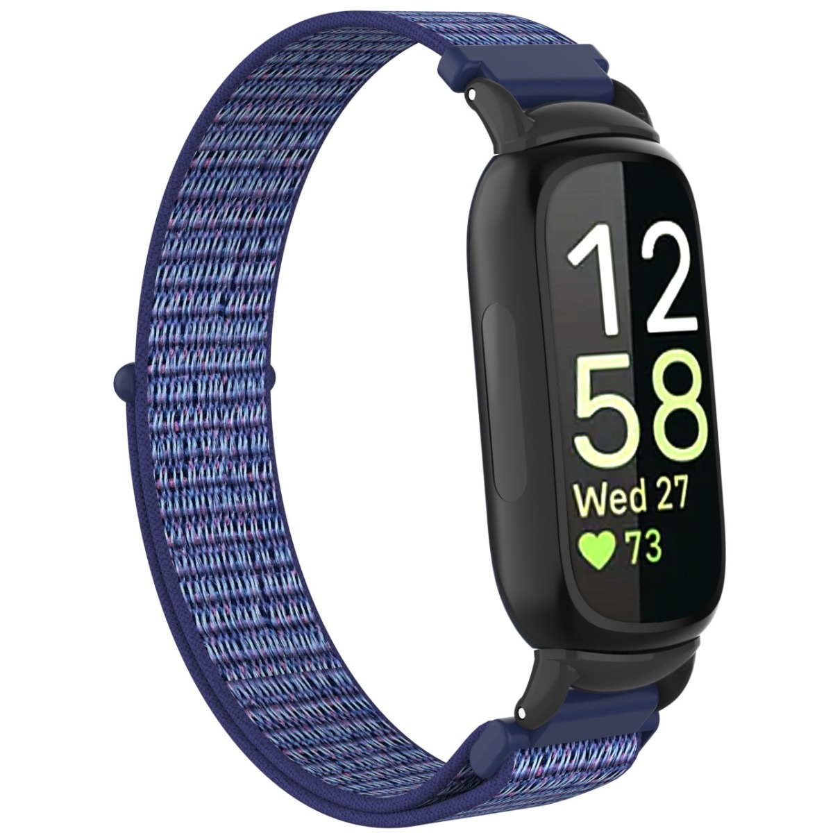 Fitness tracker nero con cinturino in tessuto blu fantasia. Mostra ora e data.