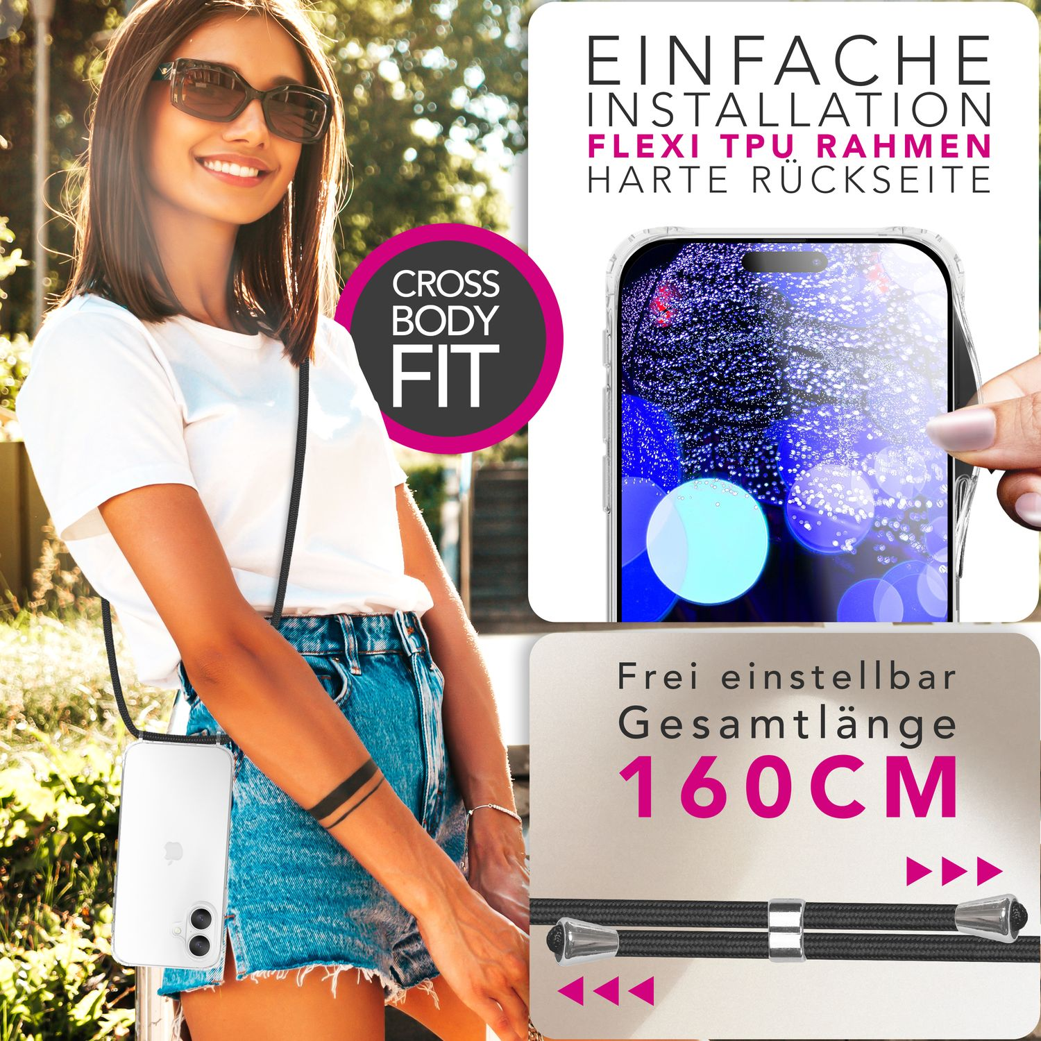 Frau mit Handy-Kette, flexibler Rahmen, 160cm Länge.