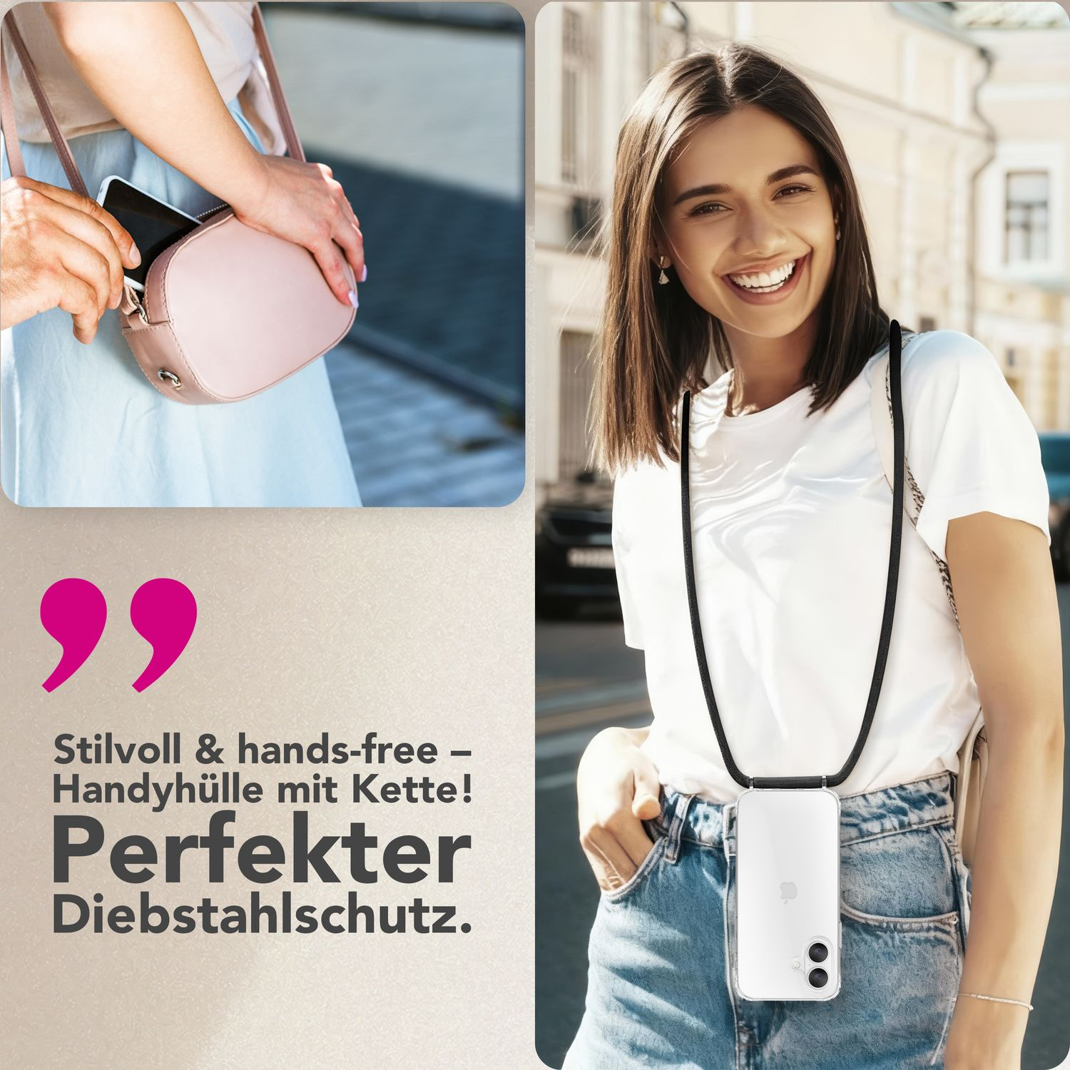 Frau mit Smartphone-Hülle am Band, die lächelt. Links eine Tasche.